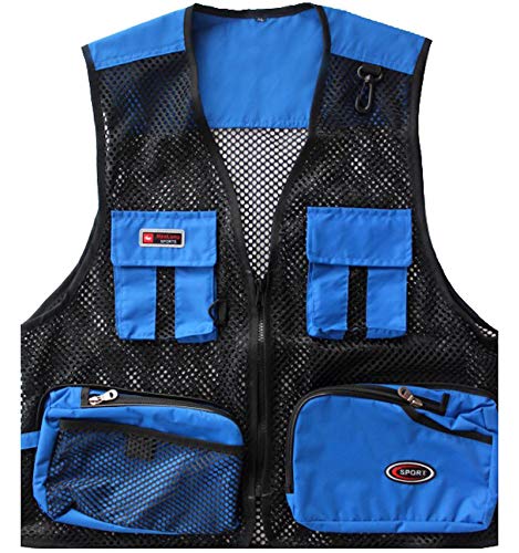 Elonglin Unisex Herren Damen Outdoor Weste Sommer Multi Tasche Netz Tops Dünn Leicht Oberteile Freizeit Blau L(Taille 108 cm) von Elonglin