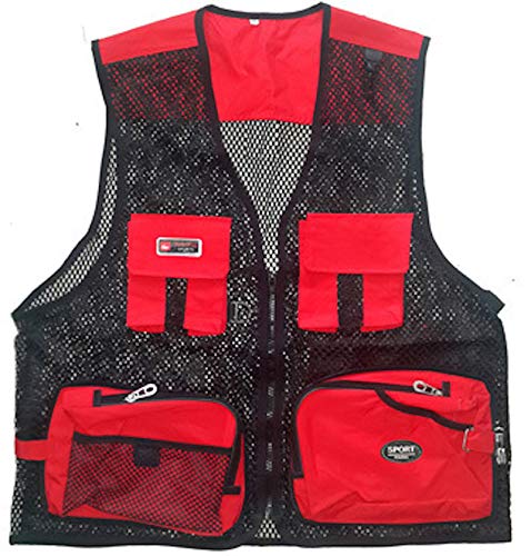 Elonglin Unisex Herren Damen Outdoor Weste Sommer Multi Tasche Netz Tops Dünn Leicht Oberteile Freizeit Rot 2XL(Taille 116 cm) von Elonglin