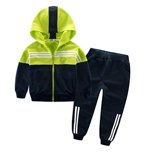 Elonglin Unisex Kinder Jungen Mädchen Sportkleidung Sets Sport-Oberteile Sport-Hose Kontrastfarbe Baummwolle Hosen mit Shirt Sets Grün-Marinelblau 130CM von Elonglin