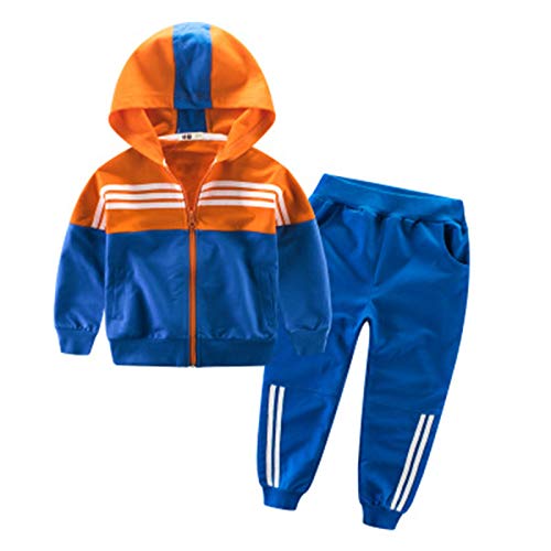 Elonglin Unisex Kinder Jungen Mädchen Sportkleidung Sets Sport-Oberteile Sport-Hose Kontrastfarbe Baummwolle Hosen mit Shirt Sets Orange-Blau 120CM von Elonglin