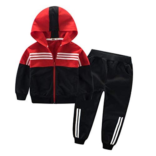 Elonglin Unisex Kinder Jungen Mädchen Sportkleidung Sets Sport-Oberteile Sport-Hose Kontrastfarbe Baummwolle Hosen mit Shirt Sets Rot-Schwarz 110CM von Elonglin