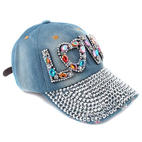 Elonmo Baseballkappe mit süßem Buchstaben-Schriftzug "Love", für Damen, mit Strasssteinen, Denim-Waschung, Blau, Blau, Einheitsgröße-L von Elonmo