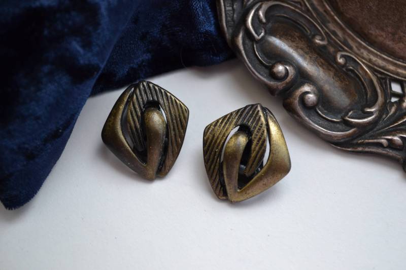 Vintage 1960S Mid Century Modern Bronze Ohrclips, Geometrisch, Interlocking Schmuck von ElorineJane