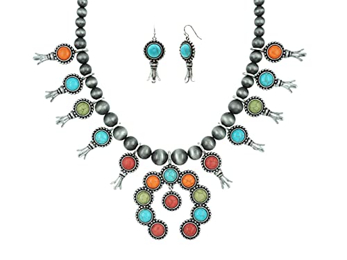 Türkisstein-Kürbisblüten-Anhänger, Lätzchen, Statement-Imitations-Navajo-Perlen, lange Halskette, 61 cm und französische Haken-Ohrringe von Elosee