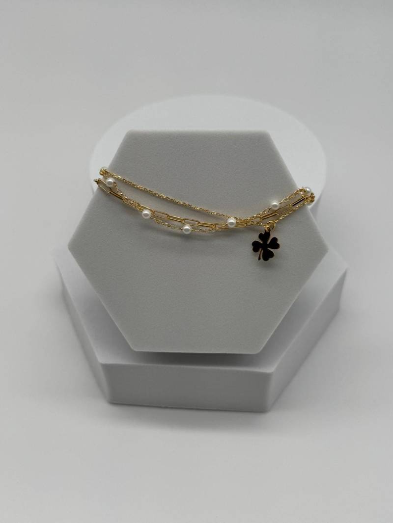 Goldarmband Mit Kleeblatt Und Perlen | 925 Sterling Silber 18K Vergoldet Mehrreihiges Armband Für Glück & Eleganz von EloureJewelry