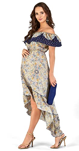 Elpasa Kleid Sommer Damen Schulterfrei Boho Vokuhila Schwangerschaftskleid Maxi lang, Candela, blau-gelb, XL von Elpasa