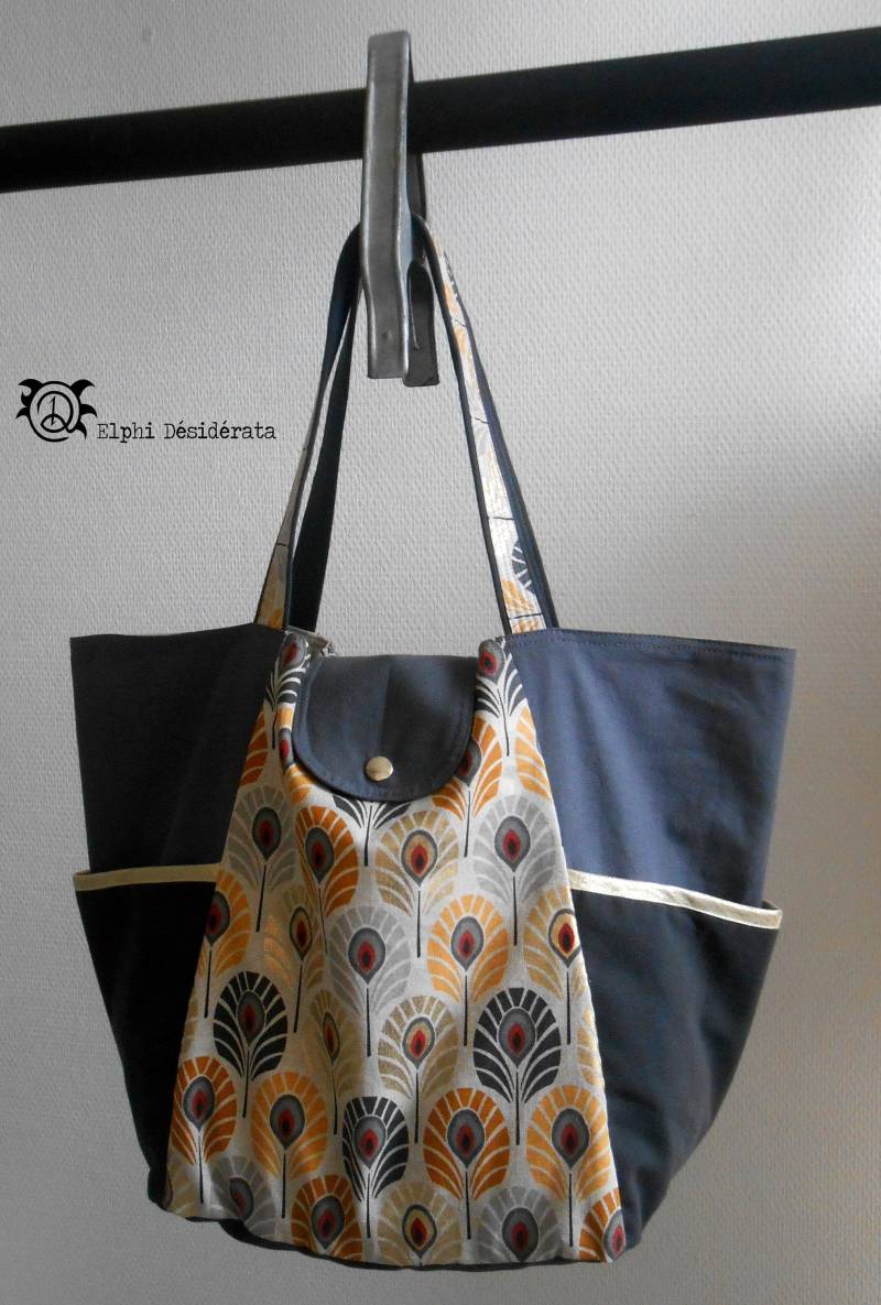 Tasche Baumwolle Stoff Leinen Peacock Feathers Gelb Senf Grau Und Golden von ElphidesiderataFr