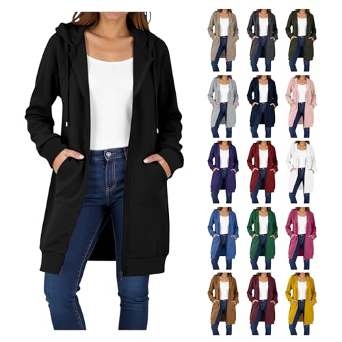 Damen Sweatjacke Langarm Leichte Sport Outdoorjacke Elegant Freizeit Lang Jacke Basic Einfarbig Reißverschluss Übergangsjacke mit Kapuze Kapuzenjacke Blouson Outdoor Weiche Sweatshirtjacke von Elsa Keith