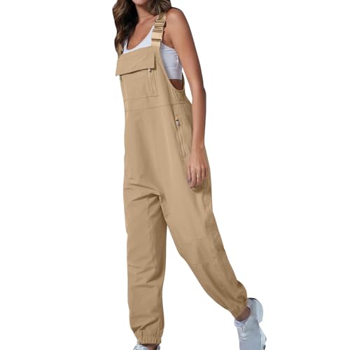 Elsa Keith Latzhose Damen Baggy 2025 Arbeitshose Ärmellose Lässiger Playsuit Lange Hosen Straight Elegant Overalls mit Taschen Frauen Overall Stretch Geschnittener Jumpsuit Mädchen Jeans von Elsa Keith