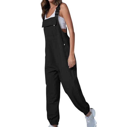 Elsa Keith Latzhose Damen Baggy 2025 Arbeitshose Ärmellose Lässiger Playsuit Lange Hosen Straight Elegant Overalls mit Taschen Frauen Overall Stretch Geschnittener Jumpsuit Mädchen Jeans von Elsa Keith