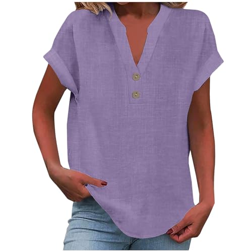 Elsa Keith Musselin Bluse Damen Sommer Leinen Tshirt Elegant Baumwolle Leinenbluse Casual Kurzarm Oberteile V-Ausschnitt Button Tops Bequemes Atmungsaktiv Leinenshirt Leicht Tunika Sommershirts von Elsa Keith
