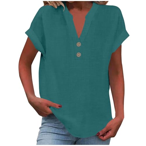 Elsa Keith Musselin Bluse Damen Sommer Leinen Tshirt Elegant Baumwolle Leinenbluse Casual Kurzarm Oberteile V-Ausschnitt Button Tops Bequemes Atmungsaktiv Leinenshirt Leicht Tunika Sommershirts von Elsa Keith