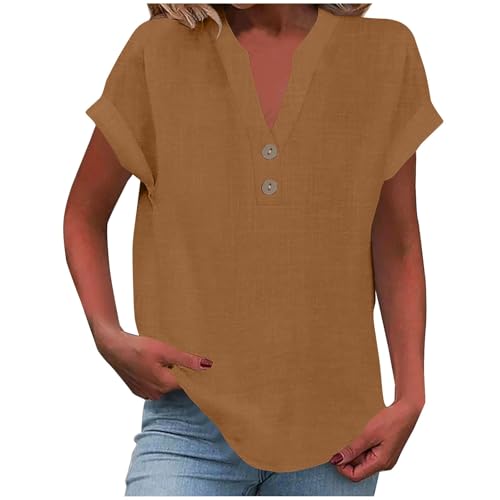 Elsa Keith Musselin Bluse Damen Sommer Leinen Tshirt Elegant Baumwolle Leinenbluse Casual Kurzarm Oberteile V-Ausschnitt Button Tops Bequemes Atmungsaktiv Leinenshirt Leicht Tunika Sommershirts von Elsa Keith
