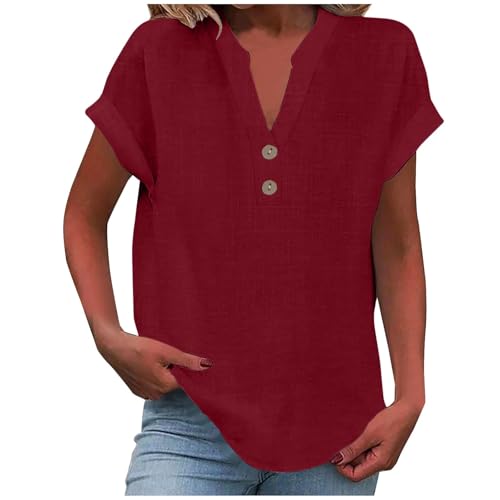 Elsa Keith Musselin Bluse Damen Sommer Leinen Tshirt Elegant Baumwolle Leinenbluse Casual Kurzarm Oberteile V-Ausschnitt Button Tops Bequemes Atmungsaktiv Leinenshirt Leicht Tunika Sommershirts von Elsa Keith