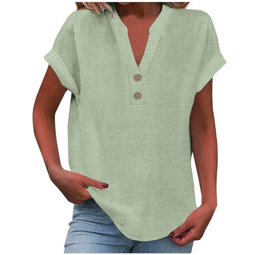Elsa Keith Musselin Bluse Damen Sommer Leinen Tshirt Elegant Baumwolle Leinenbluse Casual Kurzarm Oberteile V-Ausschnitt Button Tops Bequemes Atmungsaktiv Leinenshirt Leicht Tunika Sommershirts von Elsa Keith