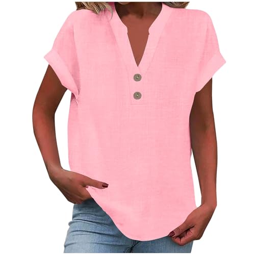 Elsa Keith Musselin Bluse Damen Sommer Leinen Tshirt Elegant Baumwolle Leinenbluse Casual Kurzarm Oberteile V-Ausschnitt Button Tops Bequemes Atmungsaktiv Leinenshirt Leicht Tunika Sommershirts von Elsa Keith