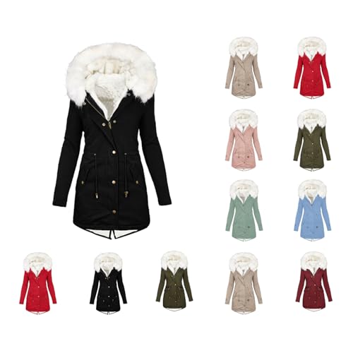 Elsa Keith Wintermantel Damen Warm Lange Winterjacke Gefüttert Elegant Fleecejacke Winter Einfarbig Mantel mit Kapuze Sportjacke Langarm Bequeme Kapuzenmantel Fleece Casual Outdoorjacke von Elsa Keith