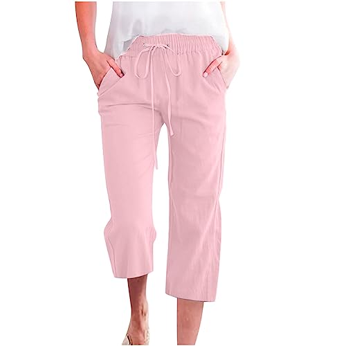 Hosen Damen Sommer 3/4 Lang Leinenhose Casual Leinen Strandhose Leicht Atmungsaktiv Sommerhose Baumwolle Einfarbig Stoffhose mit Tunnelzug und Taschen Freizeithose Lockere Elegant Caprihose von Elsa Keith