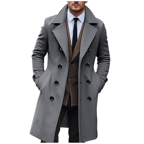 Mantel Herren Lange Casual Wintermantel Slim Fit Wollmantel Winter Warme Trenchcoat Einfarbig Business Winterjacke Revers Übergangsjacke Elegant Cardigan Jacke mit Taschen Herrenmantel von Elsa Keith