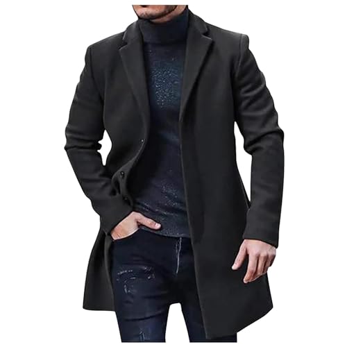 Mantel Herren Lange Casual Wintermantel Slim Fit Wollmantel Winter Warme Trenchcoat Einfarbig Business Winterjacke Revers Übergangsjacke Elegant Cardigan Jacke mit Taschen Herrenmantel von Elsa Keith