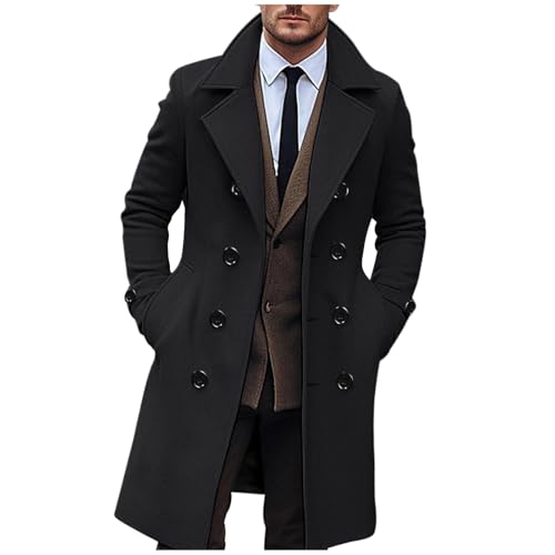 Mantel Herren Lange Casual Wintermantel Slim Fit Wollmantel Winter Warme Trenchcoat Einfarbig Business Winterjacke Revers Übergangsjacke Elegant Cardigan Jacke mit Taschen Herrenmantel von Elsa Keith
