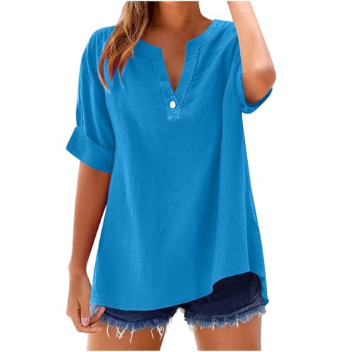 Musselin Bluse Damen Elegant Sommer Leinenbluse Baumwolle Kurzarm Blusen Atmungsaktiv Leinen Tshirt V-Ausschnitt Große Größen Freizeithemd Bequem Casual Blusenshirt Einfarbig Tuniken Hemdbluse von Elsa Keith