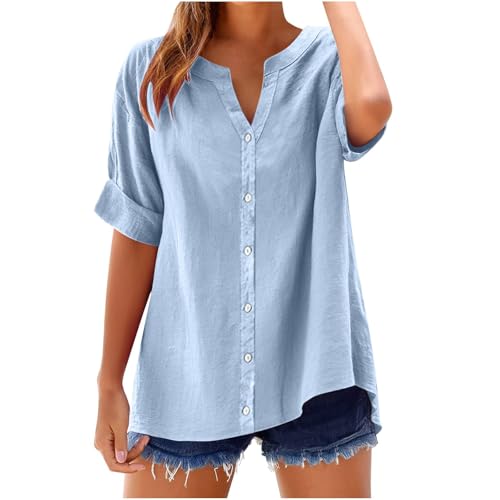 Musselin Bluse Damen Elegant Sommer Leinenbluse Baumwolle Kurzarm Blusen Atmungsaktiv Leinen Tshirt V-Ausschnitt Große Größen Freizeithemd Bequem Casual Blusenshirt Einfarbig Tuniken Hemdbluse von Elsa Keith