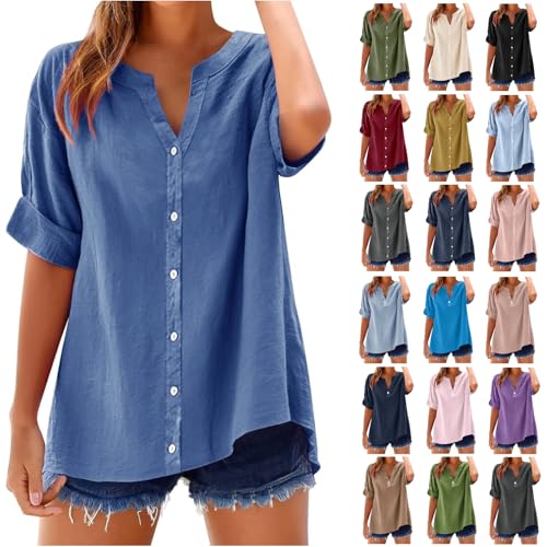 Musselin Bluse Damen Elegant Sommer Leinenbluse Baumwolle Kurzarm Blusen Atmungsaktiv Leinen Tshirt V-Ausschnitt Große Größen Freizeithemd Bequem Casual Blusenshirt Einfarbig Tuniken Hemdbluse von Elsa Keith