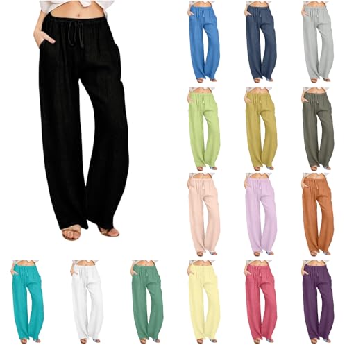 Sommerhose Damen Lang Leicht Leinenhose Elegant Casual Hosen Sommer Einfarbig Stoffhose Lockere Baumwolle Freizeithose Elastischem Bund mit Taschen Sporthose Bequeme Atmungsaktiv Strandhose von Elsa Keith