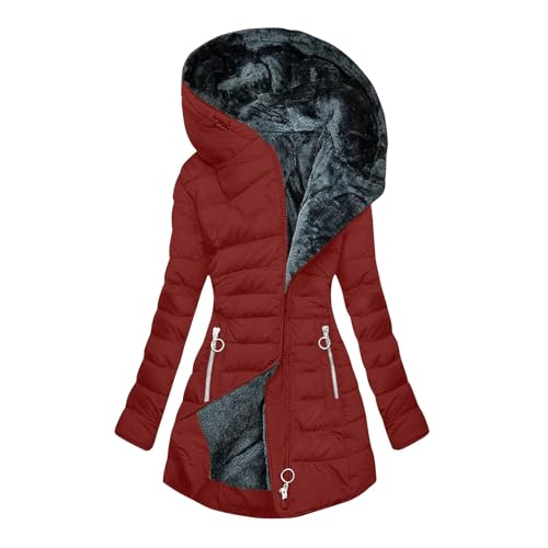 Wintermantel Damen Winter Fleece Winterjacke Warm Gefüttert Steppjacke Langarm Einfarbig Mantel Vintage mit Kapuze Jacke Cardigan Winddicht Winterparka Elegant Bequeme Sportjacke von Elsa Keith