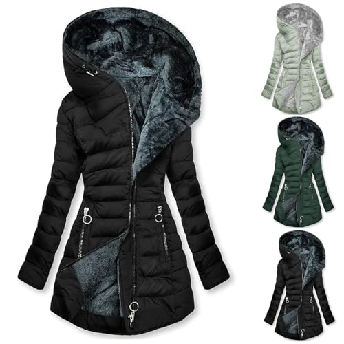 Wintermantel Damen Winter Fleece Winterjacke Warm Gefüttert Steppjacke Langarm Einfarbig Mantel Vintage mit Kapuze Jacke Cardigan Winddicht Winterparka Elegant Bequeme Sportjacke von Elsa Keith