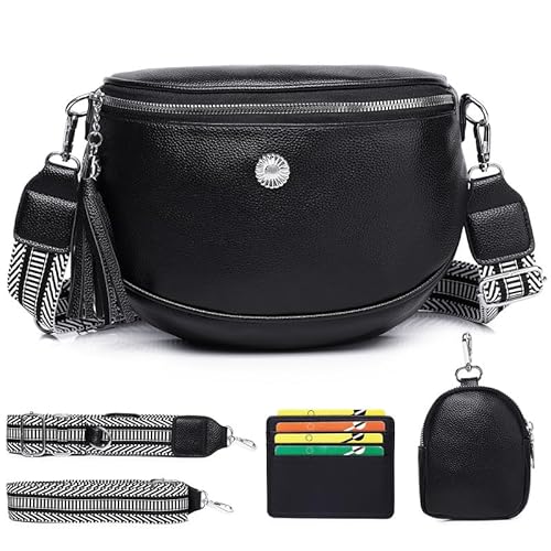 Elsaybro Kleine Bauchtasche Damen Stylisch Leder Brusttasche Moderne Taschen Mit Breitem Schultergurt Hüfttasche Breiter Gurt 5cm Schwarz mit herausnehmbarer MünztascheKreditkartenfach von Elsaybro