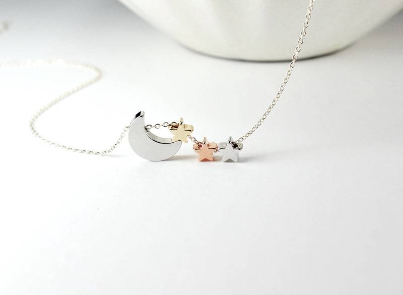 Drei Ton Sterne Mond Halskette. Colcor 3-Sterne-Schmuck. Silver Star. Goldstern. Rose Mutter Von 3 Kindern. Drei Schwestern Presents.3 Mädchen von ElseJewelry