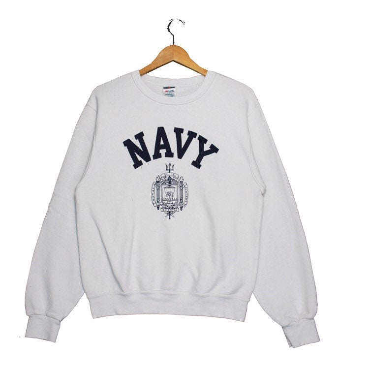 Vintage 90Er Jahre Navy Spellout Logo Crewneck Pullover Sweatshirt von ElsewhereVintageShop