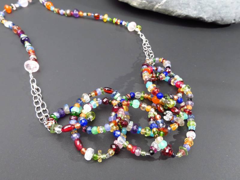 Bunte Edelstein Kette Saphir Silber Collier Karneol Kyanit Peridot Aaa Natur Halskette Unikat Lange Stein von ElstarDesign