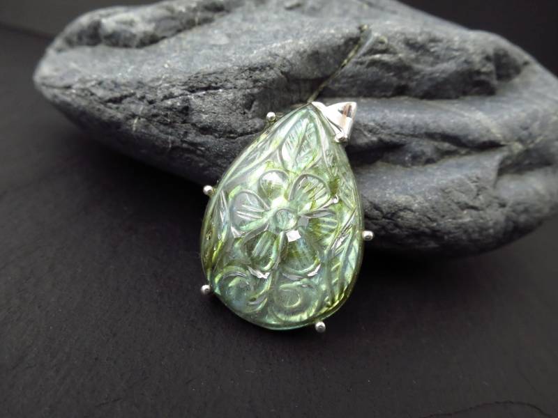Labradorit Anhänger Silber Gravierter Blume Graviert Stein von ElstarDesign