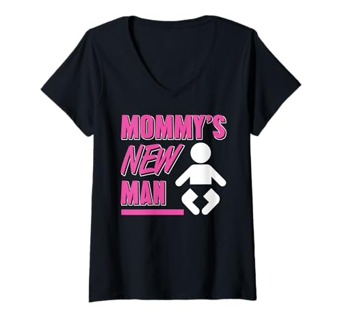 Damen Mommys Neuer Mann Lustiger Baby Junge Willkommen T-Shirt mit V-Ausschnitt von Eltern Humor Neugeborene Jungen Familie Freude