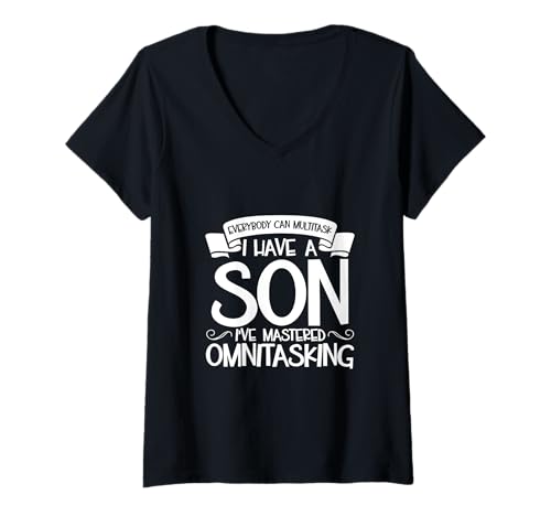 Damen Multitasking Eltern - Sohn T-Shirt mit V-Ausschnitt von Eltern mit Sohn Designs