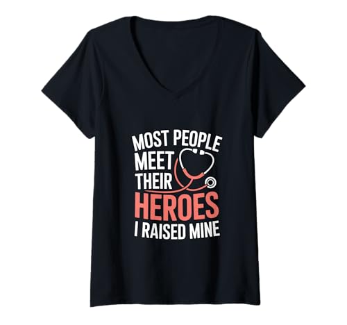 Damen Die Meisten Treffen Ihre Helden Ich Habe Meinen Großgezogen T-Shirt mit V-Ausschnitt Damen Die Meisten Treffen Ihre Helden Ich Habe Meinen Großgezogen T-Shirt mit V-Ausschnitt von Elternstolz Arzt Ärztin Pflegekraft Medizin Held