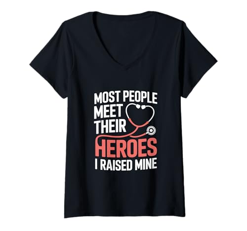 Damen Most People Meet Their Heroes I Raised Mine T-Shirt mit V-Ausschnitt Damen Most People Meet Their Heroes I Raised Mine T-Shirt mit V-Ausschnitt von Elternstolz Medizin Pflege Held Spruch