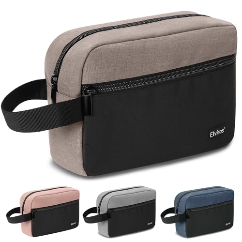 Elviros Travel Reise-Kulturtasche für Herren, wasserdichte tragbare Kulturtasche mit Rasierfach und Griff, Kosmetik-Organizer für Fitnessstudio, Dusche, Badezimmer, Schwarz&Khaki von Elviros Travel
