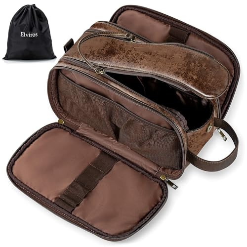 Wasserfeste Ledertoilettenbeutel für Männer Große Reisewaschtasche Rasieren Dopp Kit Badezimmer Fitnessstudio Toilettenartikel Makeup Organizer mit Free Wet Dry Bag von Elviros