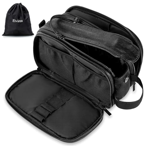 Wasserfeste Ledertoilettenbeutel für Männer Große Reisewaschtasche Rasieren Dopp Kit Badezimmer Fitnessstudio Toilettenartikel Makeup Organizer mit Freier Nass-Trocken-Tasche Schwarz von Elviros