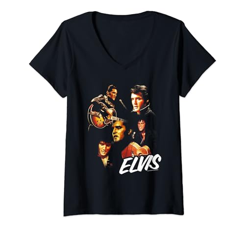 Damen Elvisly Yours Elvis Presley Live-Fotomontage T-Shirt mit V-Ausschnitt von Elvisly Yours