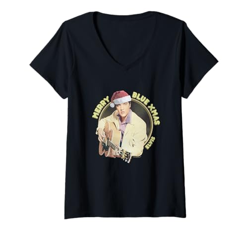 Damen Elvisly Yours Frohe blaue Weihnachten und Weihnachten Elvis Presley T-Shirt mit V-Ausschnitt von Elvisly Yours