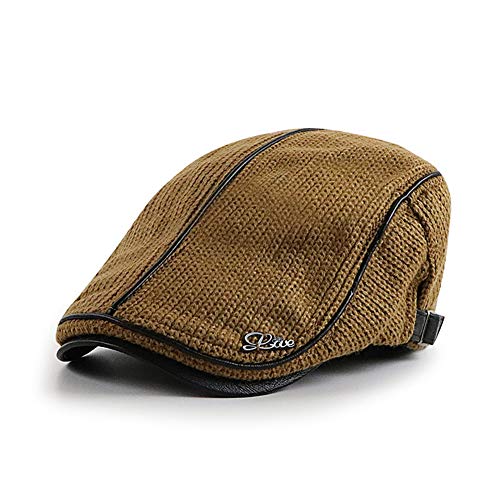 Elwow Herren Herbst Winter Frühling PU Leder Vorderseite Baumwolle Kint Driving Flat Cap Duckbill Ivy Irish Cap Newsboy Cabbie Scally Baskenmütze Hut mit Webverzierung, Dunkelgelb, Einheitsgröße von Elwow