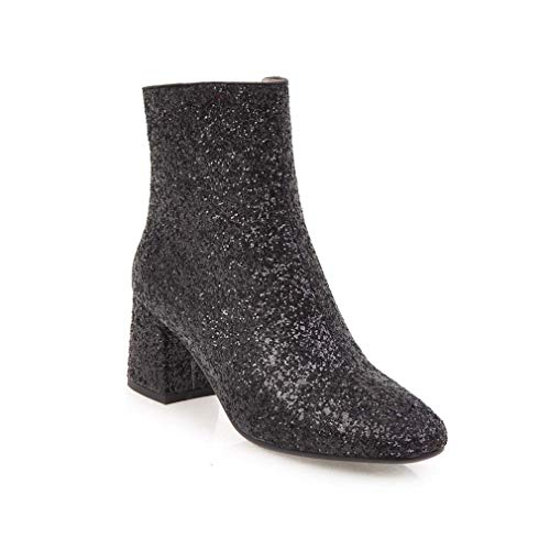 Elyffany Damen-Stiefeletten mit mittelhohem Blockabsatz, Glitzer, Reißverschluss, Party, Abschlussball, Schwarz , 39.5 EU von Elyffany