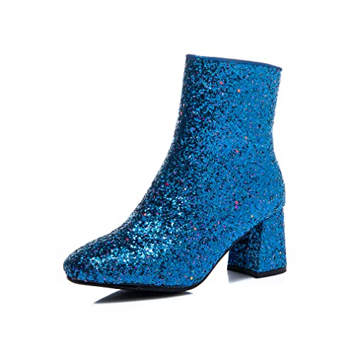 Elyffany Damen-Stiefeletten mit mittelhohem Blockabsatz, Glitzer, Reißverschluss, Party, Abschlussball, Blau, 42.5 EU von Elyffany