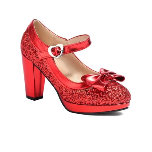 Elyffany Mary Jane Damen-Pumps mit hohem Absatz, glitzernde Pailletten, glitzernde Schleife, Pumps, Rot/Ausflug, einfarbig (Getaway Solids), 38.5 EU von Elyffany