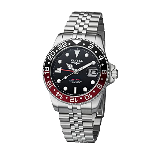 Elysee Herrenuhr GMT PRO 40 mm Edelstahl 20 ATM Saphirglas Herren zweite Zeitzone, Verschraubte Krone, Leuchtzeiger, Datumsanzeige schwarz rot von Elysee